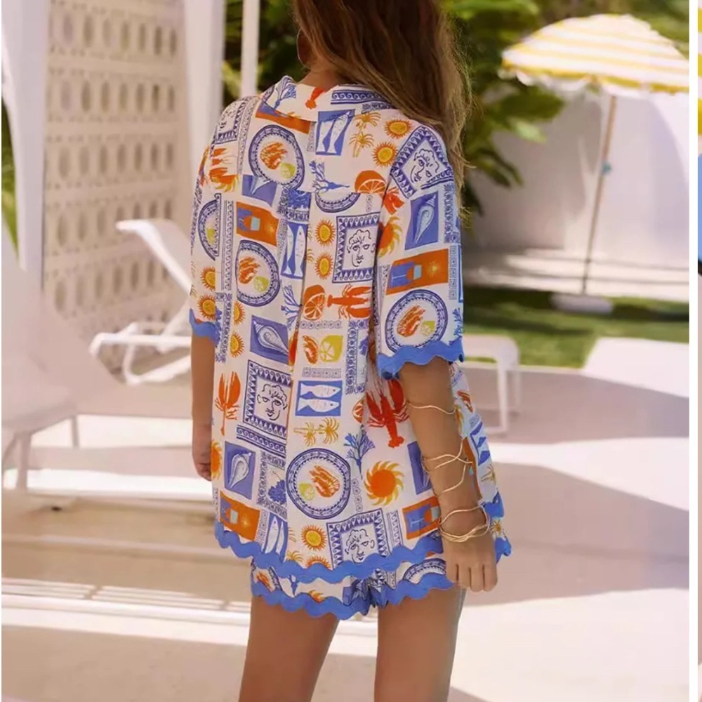 Commense Scalloped Vibrant Blue Orange 2-Piece Matching Set M NWT - Picture 9 of 10
